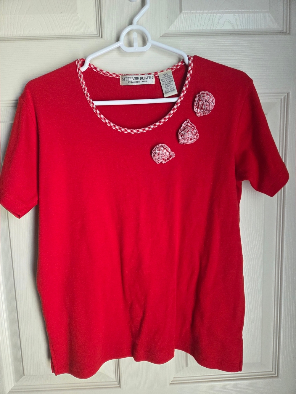 Stephanie Rogers Red Short Sleeve Top with Crochet Flowers